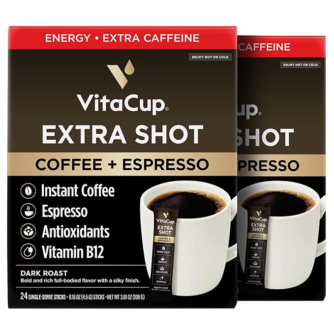 VitaCup Extra Shot Instant Coffee Packets with Espresso Shot, “Red Eye” High Caffeine, Bold Dark Roast w/Vitamin B12, Antioxidants, Premium Instant Coffee in Single Serve Sticks, 48 Ct