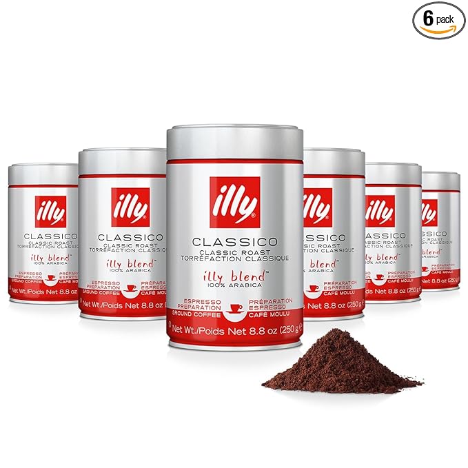 Illy Ground Espresso Coffee, Classico Medium Roast - Mild & Balanced - 100% Arabica - Pre-Ground for Espresso - Pressurized Packaging Sealed for Freshness -8.8oz (Pack of 6)