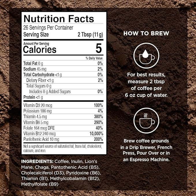 VitaCup Focus Mushroom Coffee Grounds, Vanilla Flavored Coffee with Lions Mane, Chaga, B Vitamins, D3, Boost Focus, Immunity, Memory & Clarity, Medium Dark Roast, 100% Arabica Specialty, 2 bags, 10 oz each