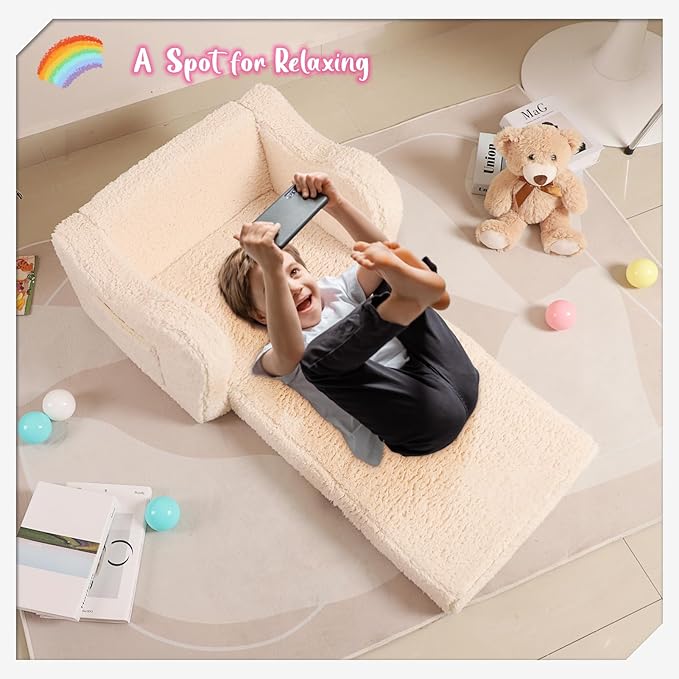 Kids Chairs for Toddler, 2-in-1 Toddler Soft Sherpa Couch Fold Out, Convertible Sofa to Lounger for Girls and Boys, Cream