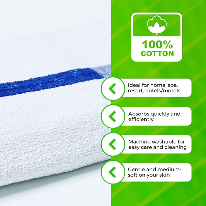 Towels N More 24x48 Soft Poolside Towels 60 Large Super Absorbent Pool Towel Blue Center Stripe Home Spa Gym Hotel Motel Rental House 100% Cotton Bath Towels