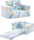 Toddler Chair Kids Couch, 2-in-1 Toddler Soft Sherpa Couch Fold Out Armchair Glow in The Dark with Removable Cover, Convertible Reading Chair Sofa for Kids, Plush Green Dinosaur