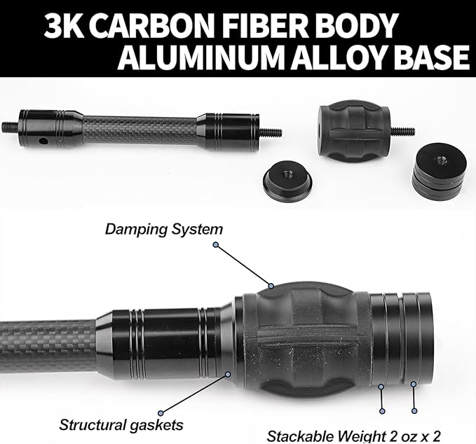 Archery Bow Stabilizer for Compound Bow, Carbon Fiber Bow Balance Bar, Damping System and Weights Kit, 6/8/10/12/in