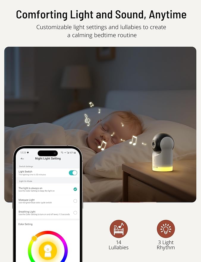 PARIS RHÔNE Video Baby Monitor, 2K UHD WiFi Camera, Night Vision, 5” Smart Baby Monitor with App Control, Motion and Cry Detection, AI Tracking, Three-Way Audio, RGB Night Light, Lullabies
