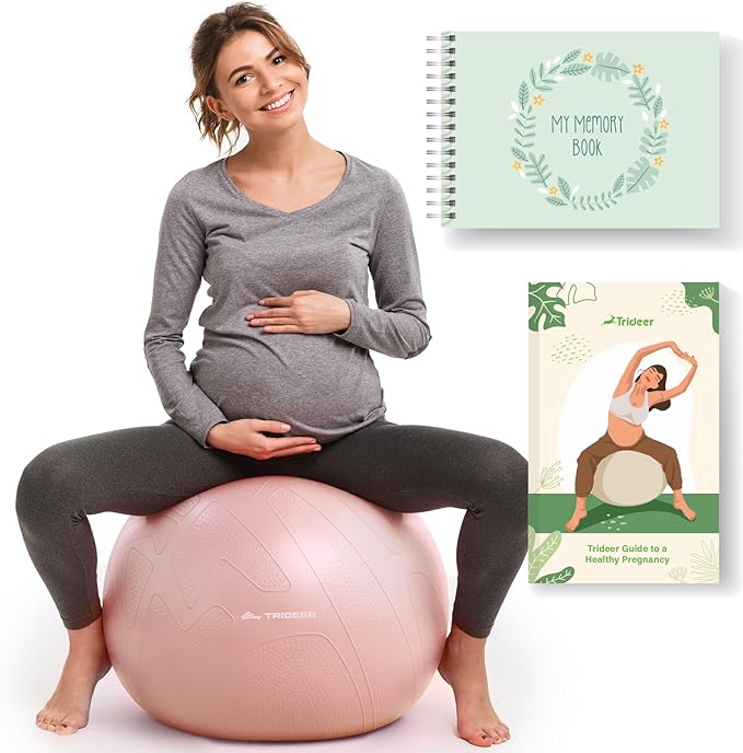 Trideer Pregnancy Birthing Ball - 1.7mm Extra Thick Yoga Ball for Maternity, Labor, Exercise, Physio, Recovery - Guide & Baby Memory Book Included - 440LB Anti-Burst & Non-Slip Stability