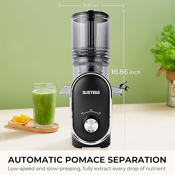 SUSTEAS Cold Press Juicer, 300W, 5.3" Large Feed Chute, 1.5L Capacity, Automatic Feeding, High Yield, Easy to Clean, Ideal for Whole Fruits & Vegetables, Black
