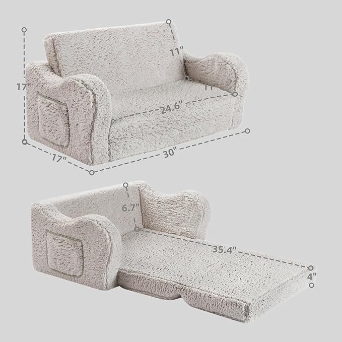 Kids Extra Wide Chairs for Toddler, 2-in-1 Toddler Soft Sherpa Couch Fold Out, Convertible Sofa to Lounger for Girls and Boys, Grey