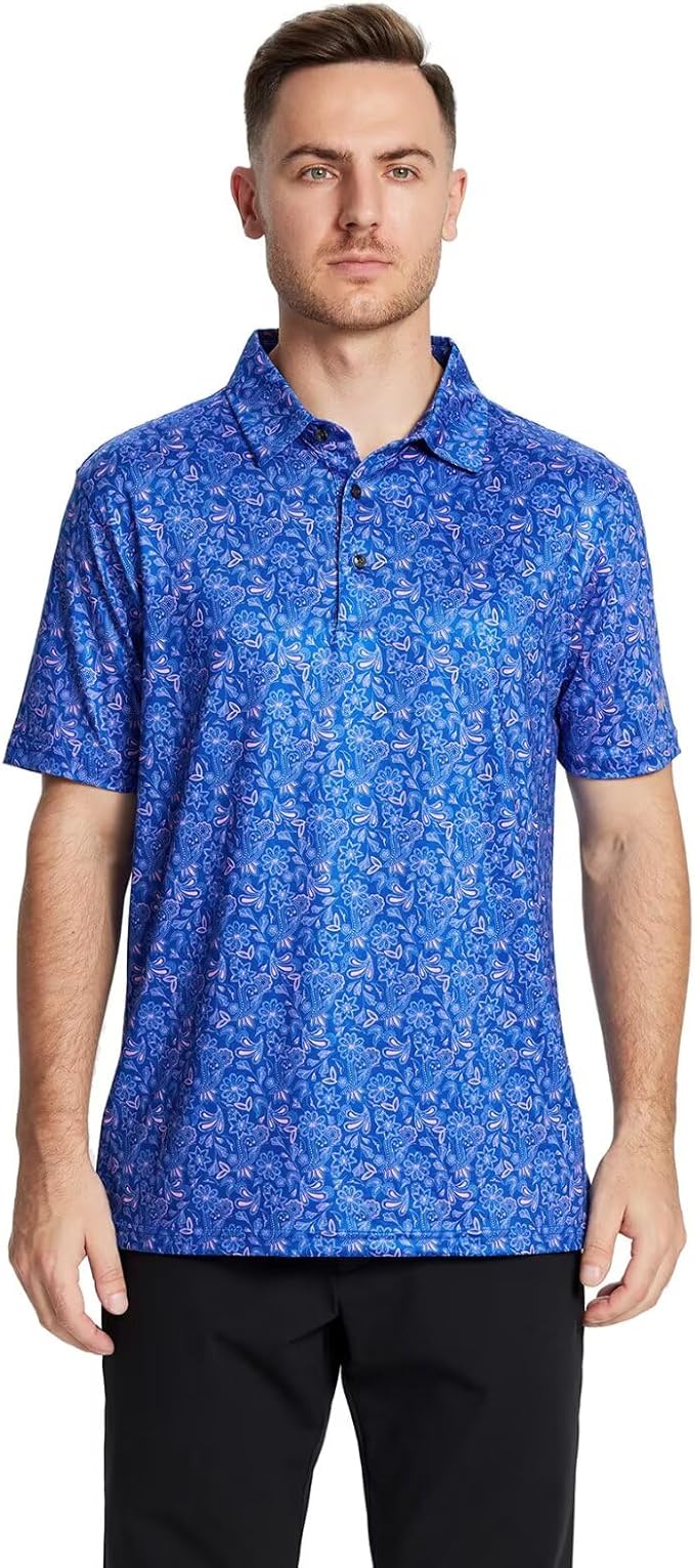 Men's Golf Polo Shirts Short Sleeve Striped Performance Moisture Wicking Dry Fit Golf Shirts for Men