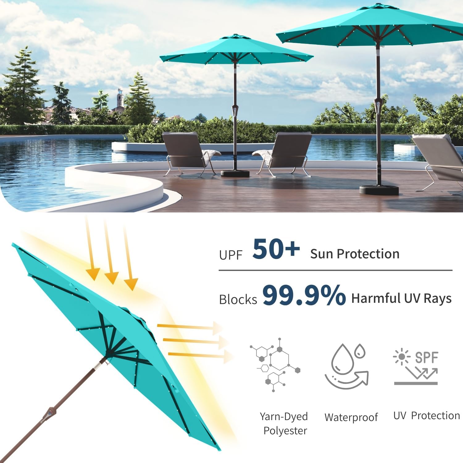 aqua patio umbrella with lights Buy 10FT Solar 32 LED Lighted Umbrella Table Market Umbrella w/Tilt and Crank, UV-Resistant Outdoor Umbrella for Pool, Garden, Deck, Blue AGV Pista GP R Close or remove during Color:Checker Best Choice Products 10x10ft 2-Tier Square Outdoor Solar LED Cantilever Patio Umbrella w/ Base Included- Rust
