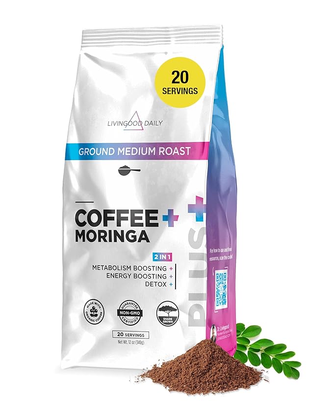 Livingood Daily Coffee with Moringa, Ground Medium Roast Coffee with Plant Based Ingredients for Morning Energy, Made with Moringa Powder, Organic, Non GMO, Vegan, Gluten Free, 20 Servings, 12 oz Bag