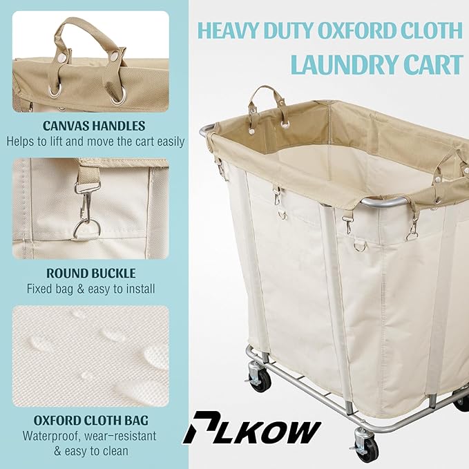 PLKOW Laundry Cart with Wheels 320L Large Rolling Laundry Cart for Commercial/Home, Rolling Laundry Basket with Steel Frame and Waterproof Lining, 9 Bushel, 32.3L x 19.7W x 30.7H Inch, Beige