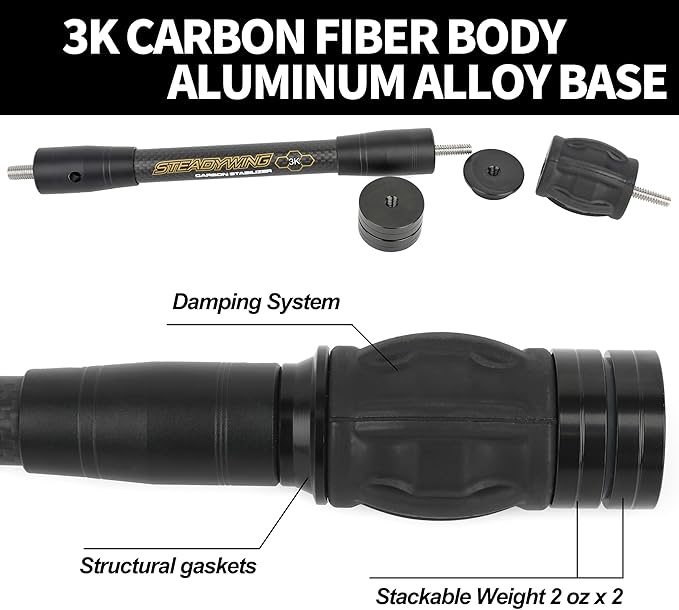 AMEYXGS Archery Bow Stabilizer for Compound Bow, 3K Carbon Fiber 6", 8", 10", 12" 15" Rods, Damping System, Weights Kit, Single Side V-Bar Mount,Quick Disconnect