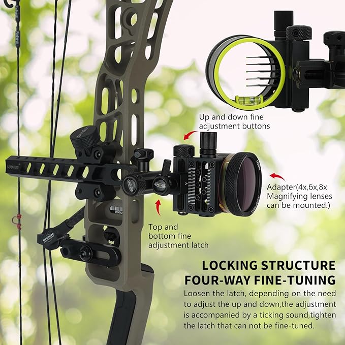 Archery 5-Pin Bow Sight - 0.019" Fiber, Brass Pin, Aluminum Machined - Right and Left Handed, with Hi-Vis Level for Archery, Hunting, Shooting