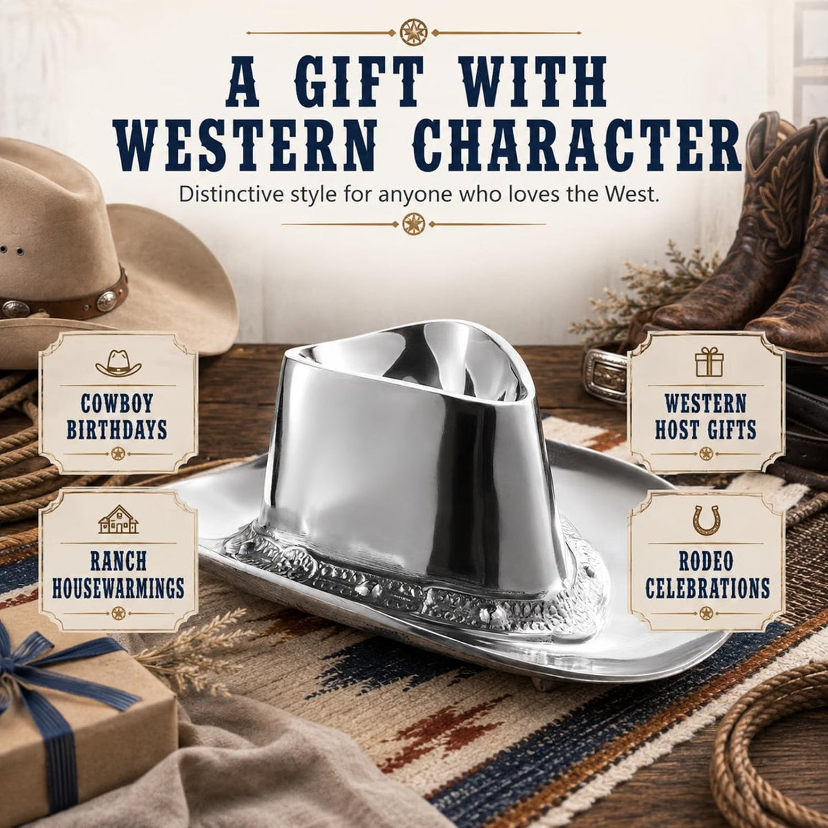 Cowboy Hat Chip and Dip Serving Bowl Silver Brass Snack