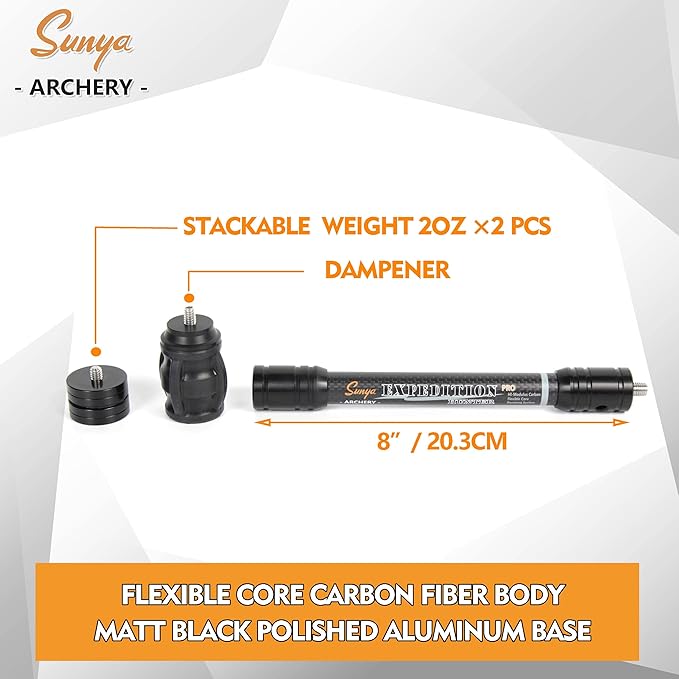 SUNYA Archery Bow Stabilizer for Compound Bow, Carbon Fiber Body Flexible Core, Damping System and Weights Kit, 8",10",12" 15" in Expedition Series