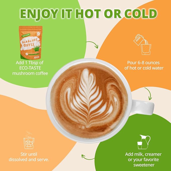 Alkaline Coffee Non-Dairy, Arabica Coffee with Mushroom Creamer, Wheatgrass, Oligosaccharide, 30% Beta-Glucan for Focus & Gut Health Support, 8.47oz