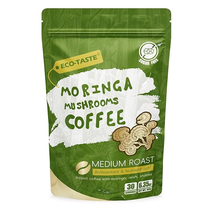 Moringa Mushroom Coffee Infused with Reishi, Moringa & Shiitake - 30% Beta-Glucans, Nutrient-rich and Antioxidants - 6.35oz (180g)