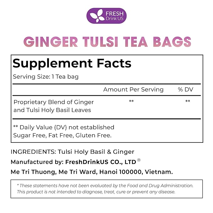 FreshDrinkUS, Premium 35 Ginger Tulsi Tea Bags, 100% Natural, Hand-made Blend of Ginger and Tulsi Holy Basil Leaves, Eco-conscious Tea Bags. Ginger Tulsi Herbal Tea. No Sugar, No Caffeine, Vegan.