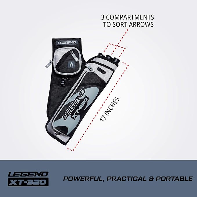 LEGEND XT320 Archery Quivers - Nylon Hip Quivers with 3 Arrow Tube Cases for Target Shooting - Adjustable Waist Belt, T-Slot, Storage Compartments for Accessories, Gear, Tools, Release Tab, Score Card
