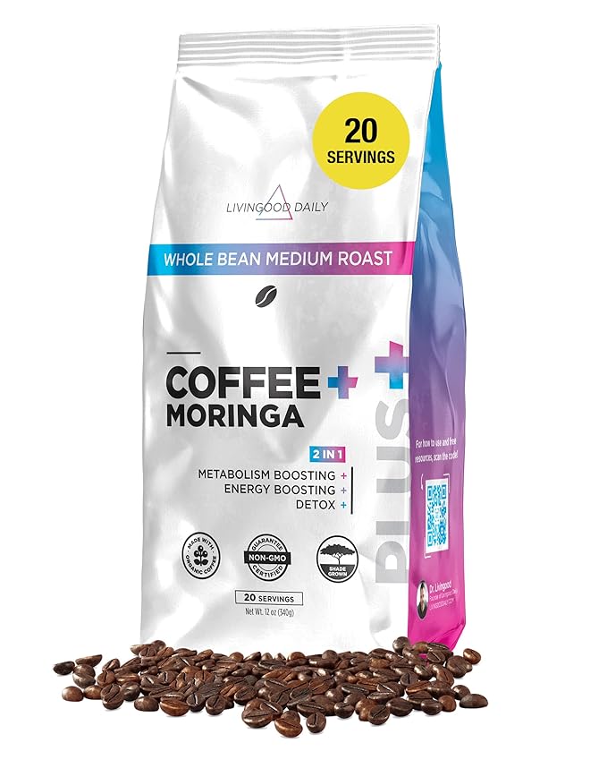 Livingood Daily Coffee with Moringa, Whole Bean Medium Roast Coffee with Plant Based Ingredients for Morning Energy, Made with Moringa Powder, Organic, Non GMO, Vegan, Gluten Free, 20 Srvgs, 12 oz Bag