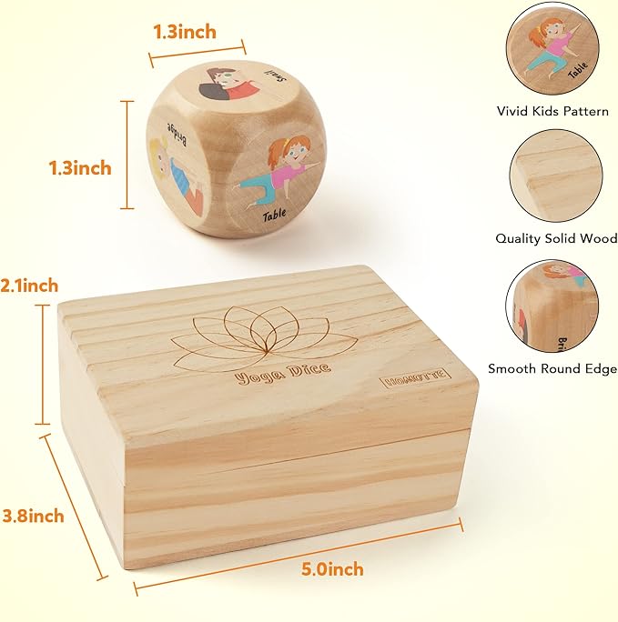 Wooden Yoga Dice Set for Kids, Fun Workout Game with 6 Exercise Dice, 12 Yoga Cards & A Box, Mindfulness Mother's Day Christmas Yoga Set for Girls & Beginners