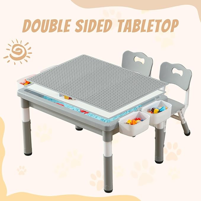 Multi Functional Kids Table and 2 Chairs Set, Graffiti & Building Blocks Double-Sided Tabletop, Toddler Play Table with Drawers, Large Storage Space, Gift for Boys/Girls, Gray