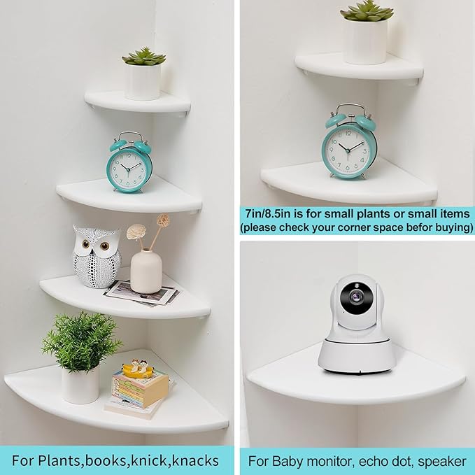 Corner Shelf, White Solid Oak Wood Floating Corner Shelves Wall Mount Round End Floating Speaker Rack Display Shelf for Small Plant Photo Frame (White, 12in)