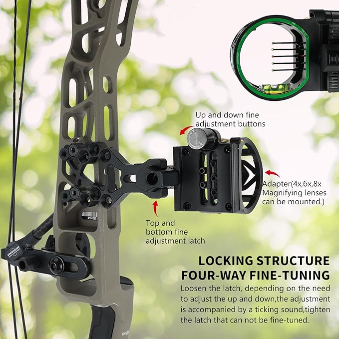 Archery 5-Pin Bow Sight - 0.019" Fiber, Brass Pin, Aluminum Machined - Right and Left Handed, with Hi-Vis Level for Archery, Hunting, Shooting