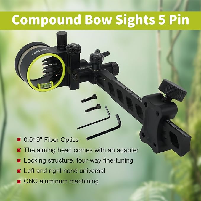 Archery 5-Pin Bow Sight - 0.019" Fiber, Brass Pin, Aluminum Machined - Right and Left Handed, with Hi-Vis Level for Archery, Hunting, Shooting