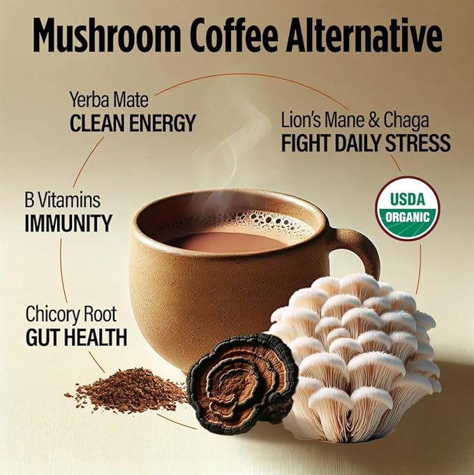 VitaCup Mushroom Coffee Alternative Instant Drink Mix | Mushroom Coffee Substitute for Natural Energy & Focus | Lion’s Mane, Yerba Mate, & Chaga | Cacao, Cinnamon, & B Vitamins | 2 Bags, 60 Servings