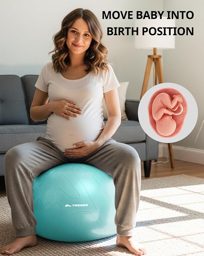 Trideer Pregnancy Birthing Ball - 1.7mm Extra Thick Yoga Ball for Maternity, Labor, Exercise, Physio, Recovery - Guide & Baby Memory Book Included - 440LB Anti-Burst & Non-Slip Stability