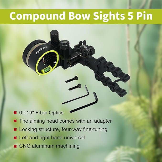Archery 5-Pin Bow Sight - 0.019" Fiber, Brass Pin, Aluminum Machined - Right and Left Handed, with Hi-Vis Level for Archery, Hunting, Shooting