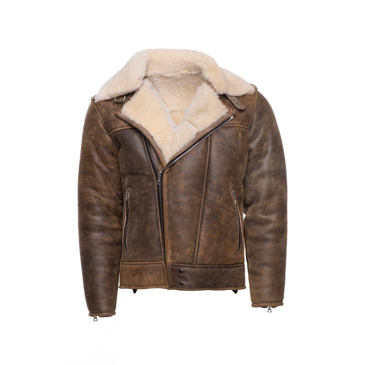 Carters Distressed Biker Bomber Shearling Jacket with Notch Lapels