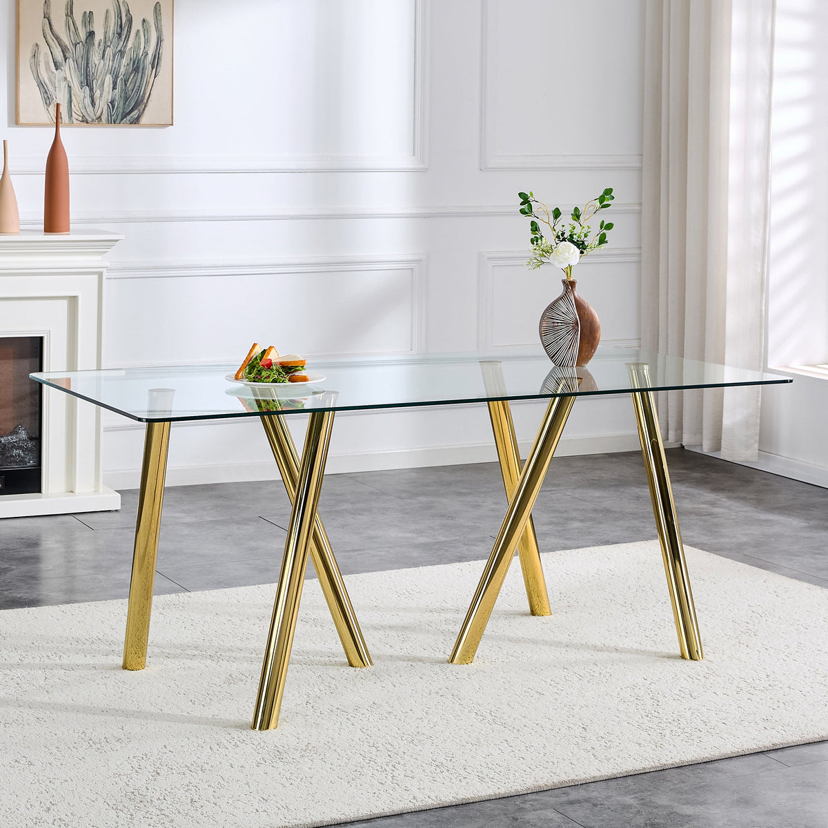 71-Inch Tempered Glass Dining Table with Sturdy Metal Legs
