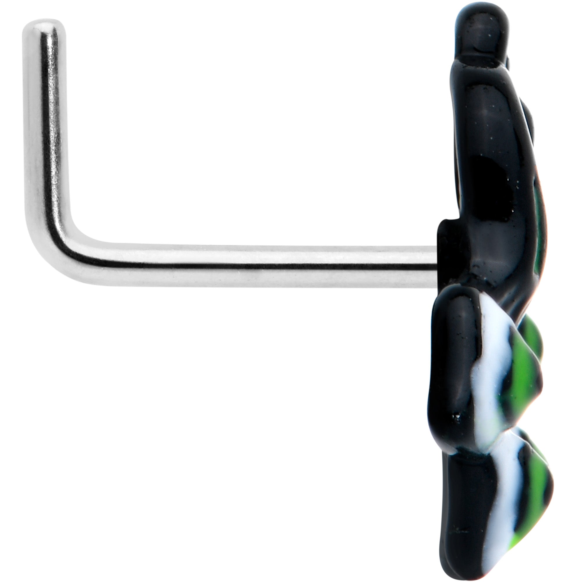 20G 1/4 Black Green Perfect Peacock L Shape Nose Ring