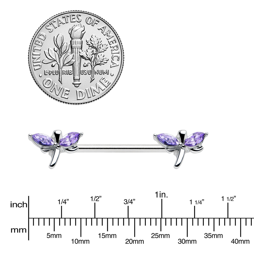 14G 5/8 Purple Gem Simple Styled Dragonfly Barbell Nipple Ring Set