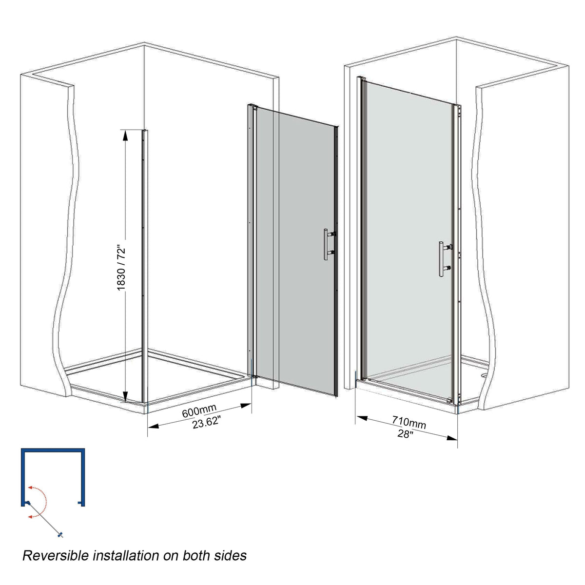 28"x 72" Pivot Shower Door, Matte