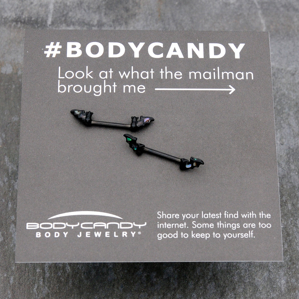 14G 9/16 Black Subtle Bat Barbell Nipple Ring Set