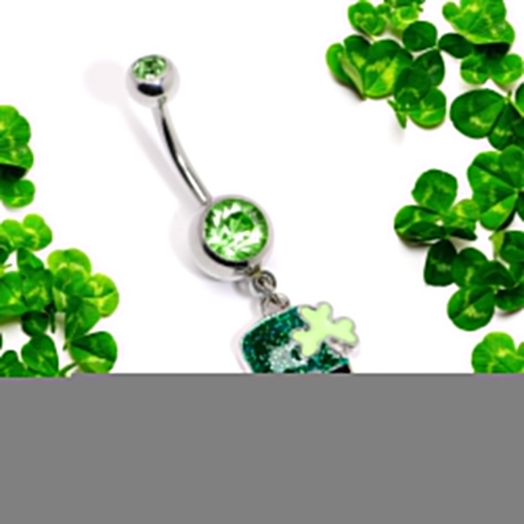 Green Gem Glitter Top Hat Shamrock St Patricks Day Dangle Belly Ring