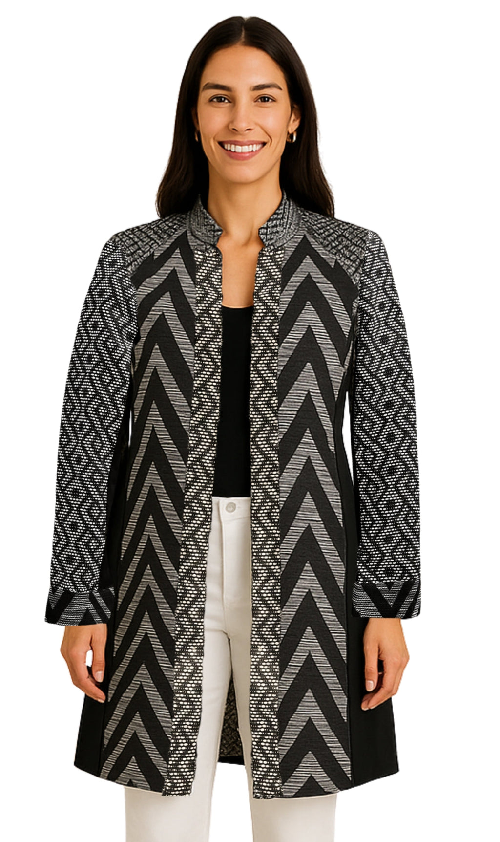 Women's Stand Collar Mixed Media Open Front Jacket