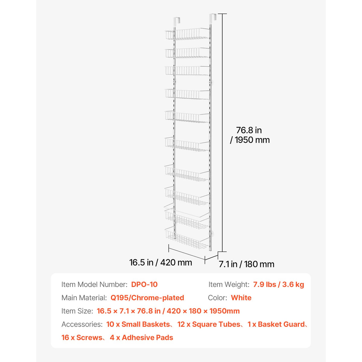 10-Tier Over The Door Pantry Organizer with Adjustable Storage - Carbon Steel