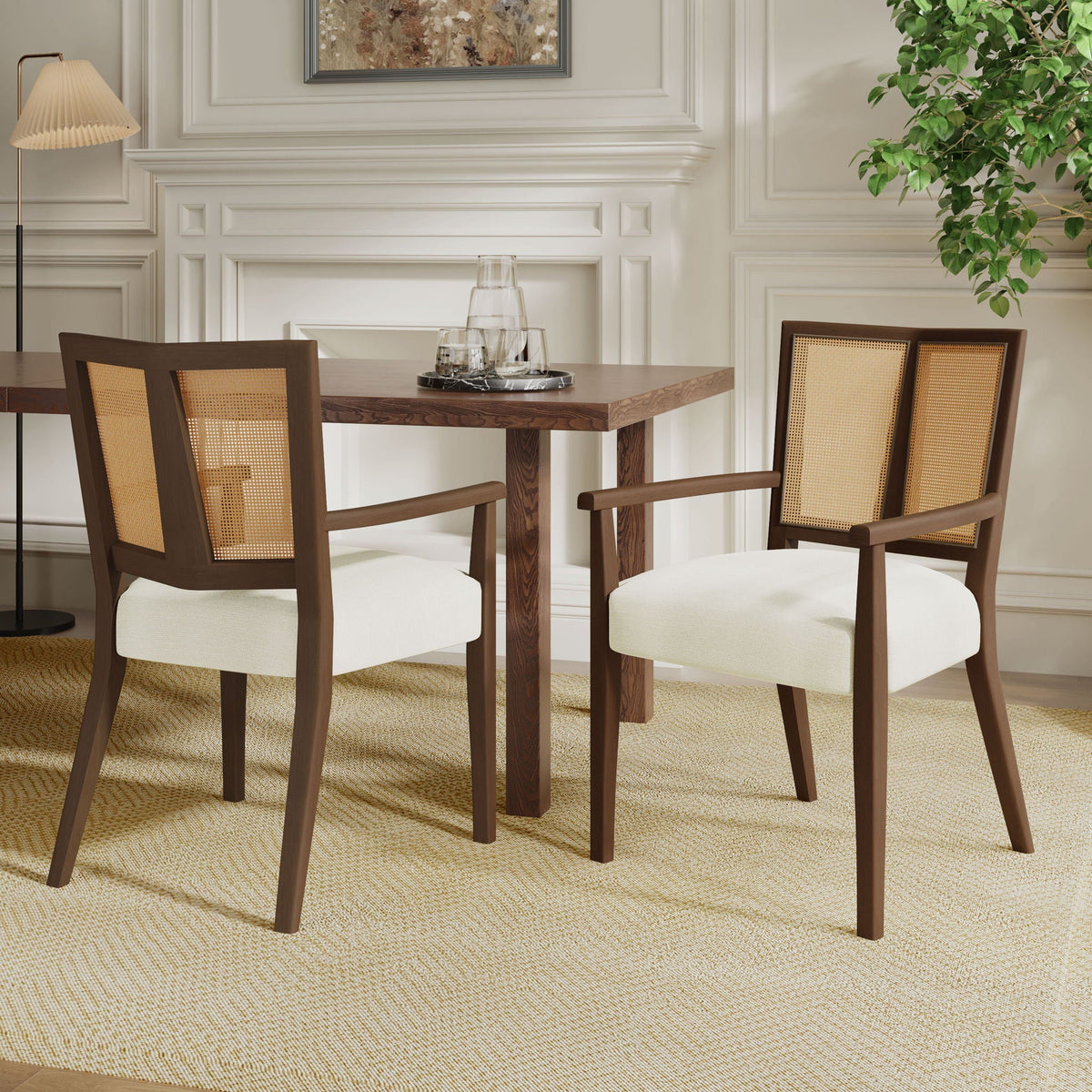 Mid Century Modern Arm Dining Chairs With Rattan Backrest
