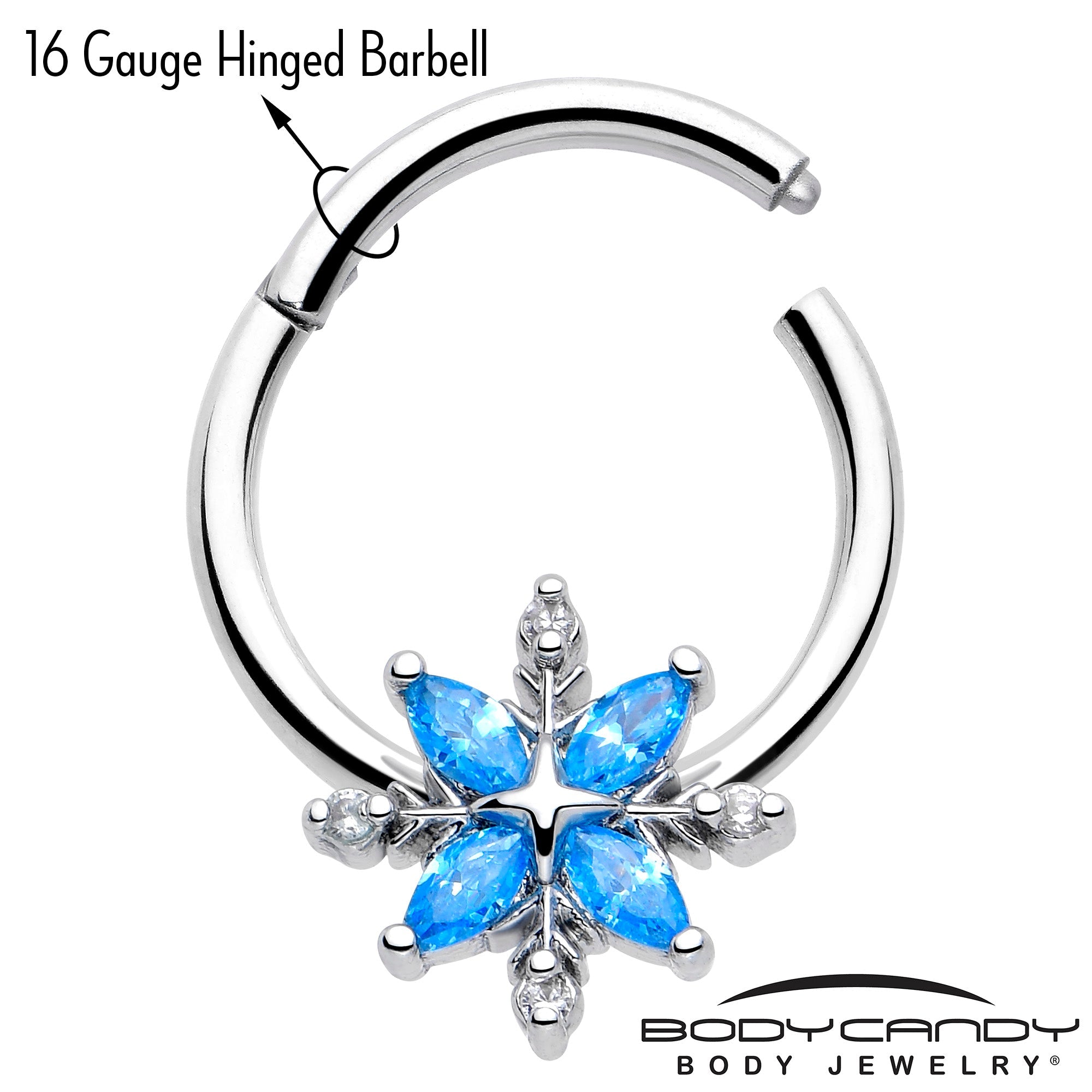 16G 3/8 Blue CZ Gem Classic Flower Hinged Segment Ring