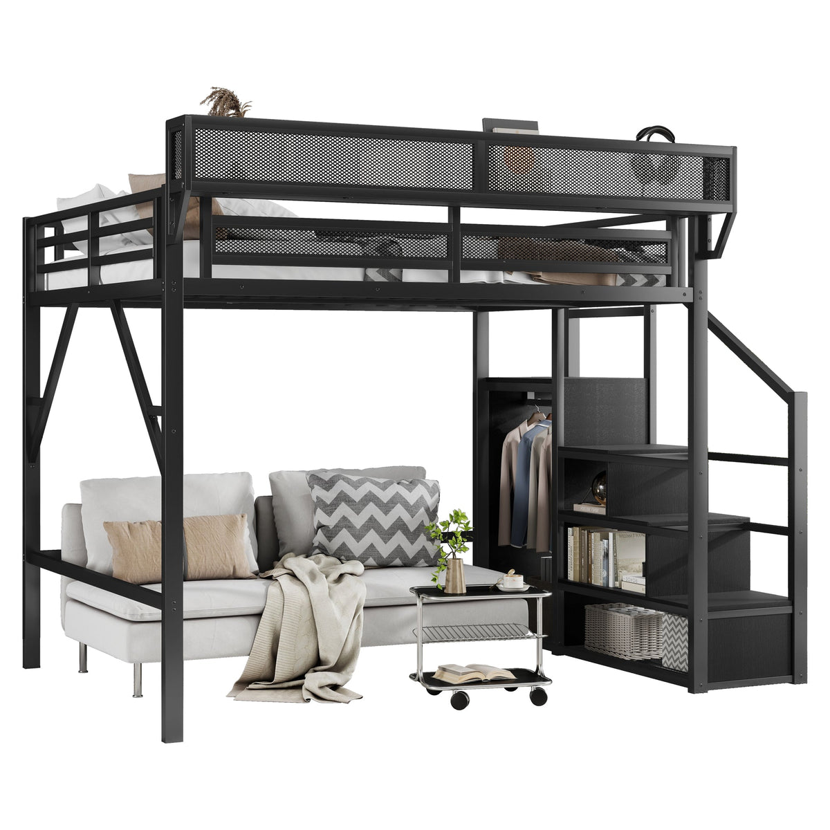 Queen Size Loft Bed with Stairs, Metal Loft Bed with Storage Shelves