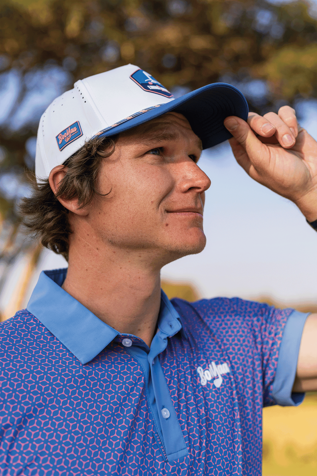 BooYaa Premium Men's Golf Polo, Fowler Pink and Blue Geometric Print, 4-Way Stretch