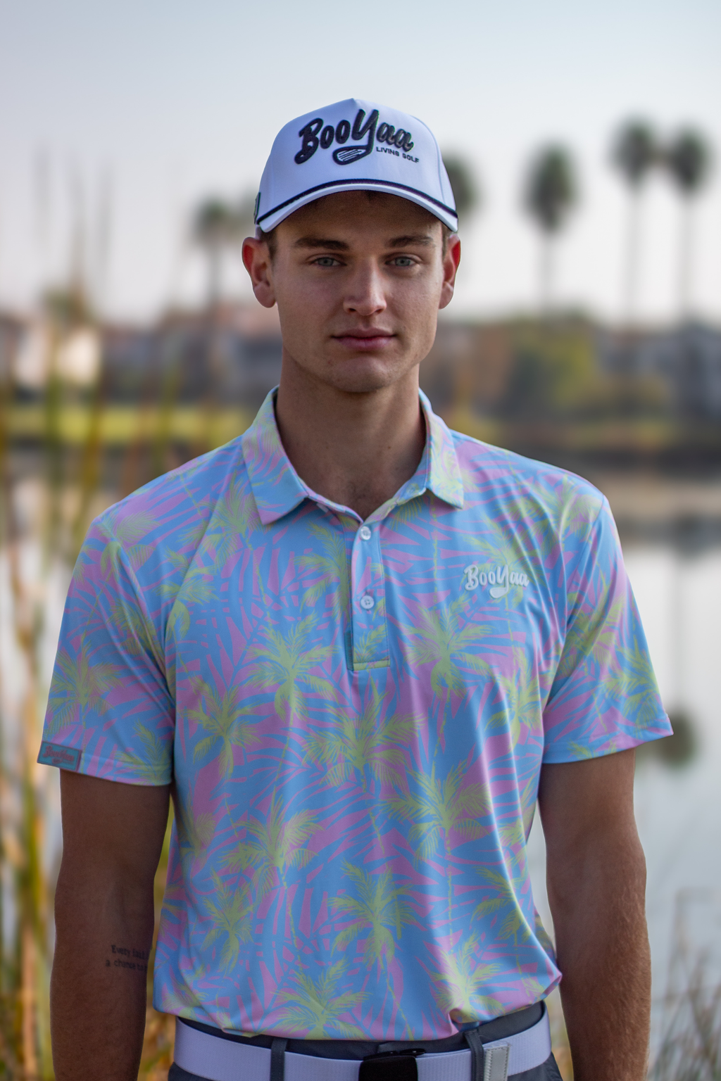 BooYaa Premium Men's Golf Polo, Lulu Tropical Palm Print, 4-Way Stretch, Moisture-Wicking