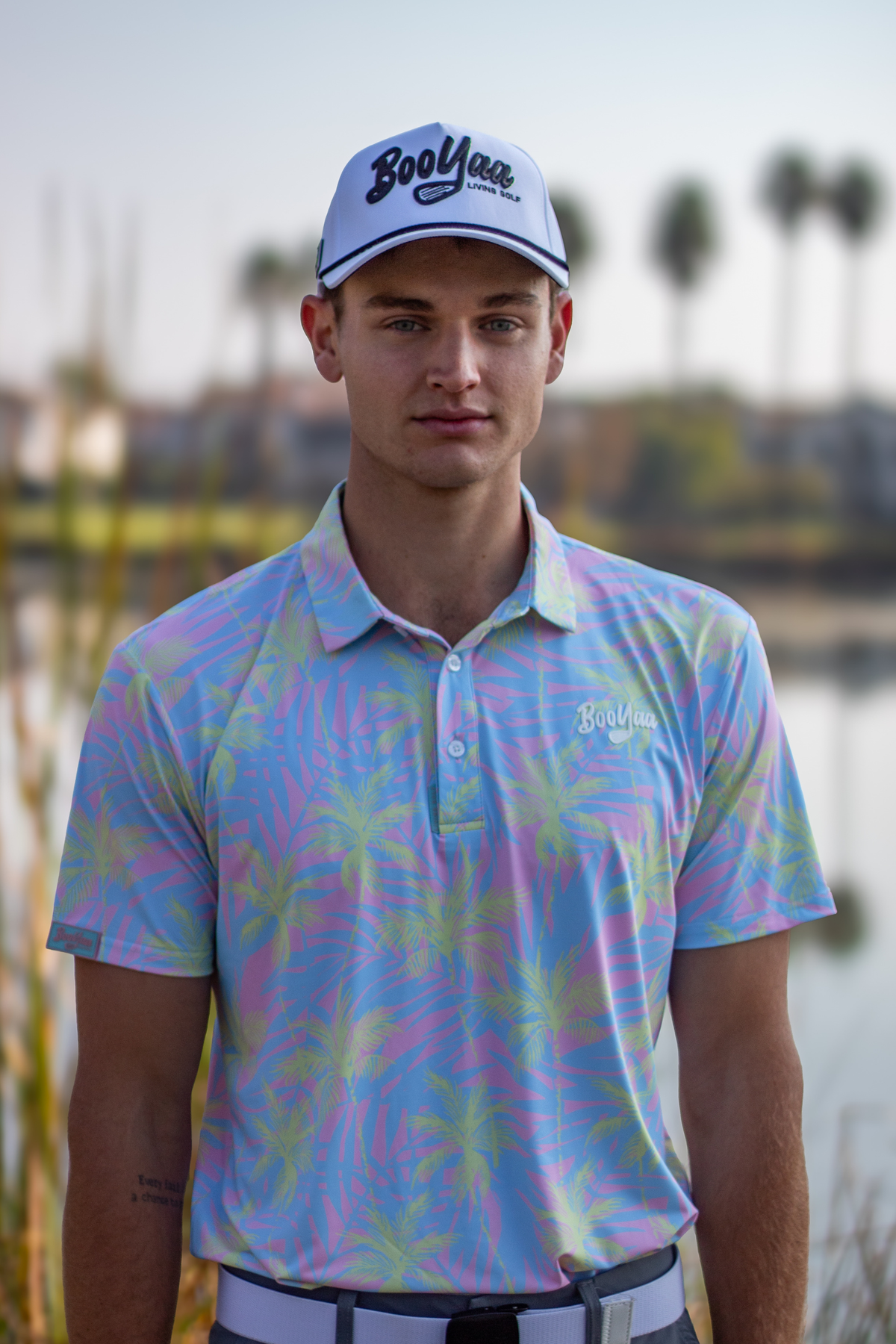 BooYaa Premium Men's Golf Polo, Lulu Tropical Palm Print, 4-Way Stretch, Moisture-Wicking