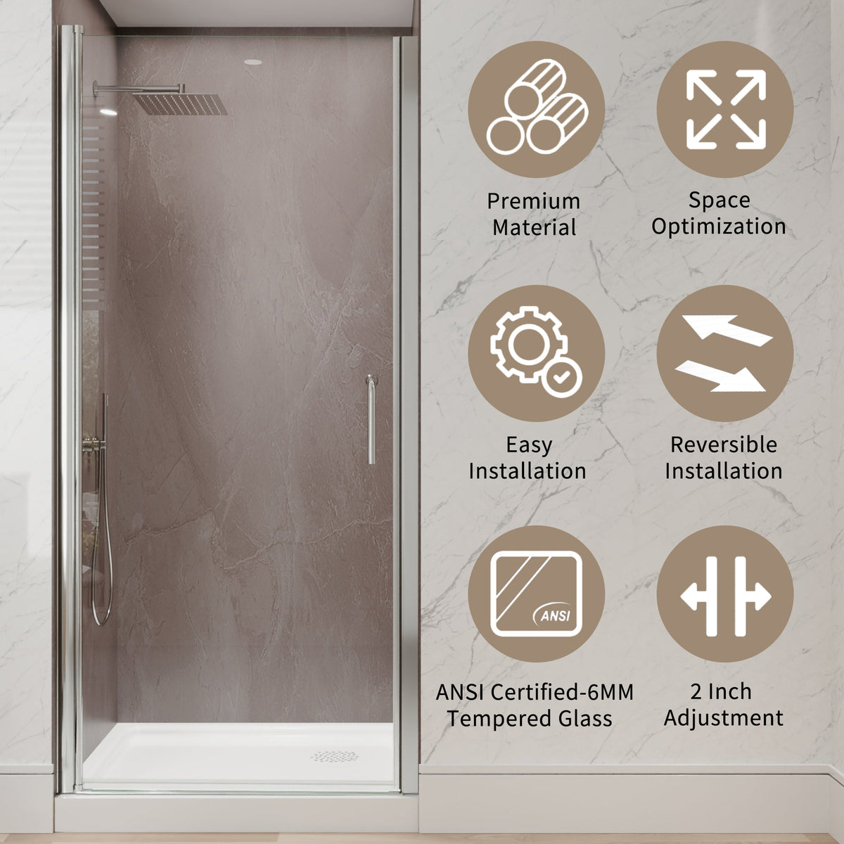 34 In. to 36 In. x 72 In. Semi-Frameless Pivot Shower Door