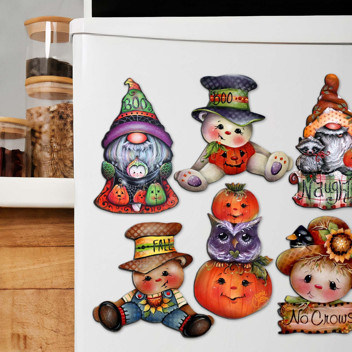 Hello Fall - Pumpkin, Scarecrow, Gnome Decorative Eco Wood Magnets Set of 6 by Jamie Mills-Price - Thanksgiving Decor - 8090047G-S6