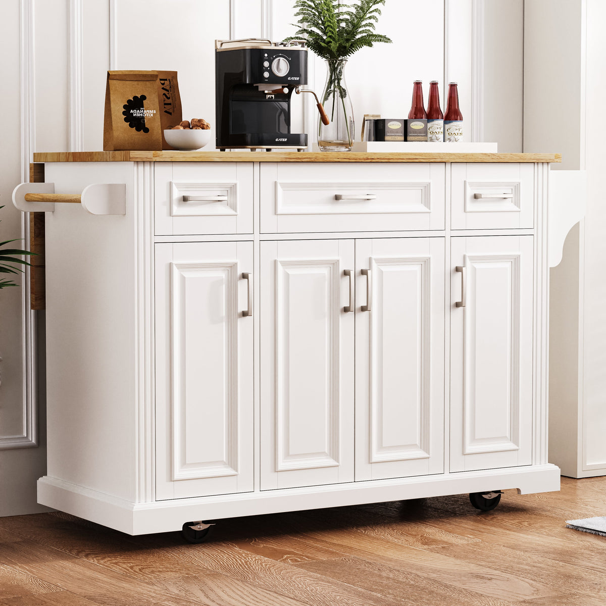 54-Inch Large Kitchen Island with Drop Leaf and Storage - White